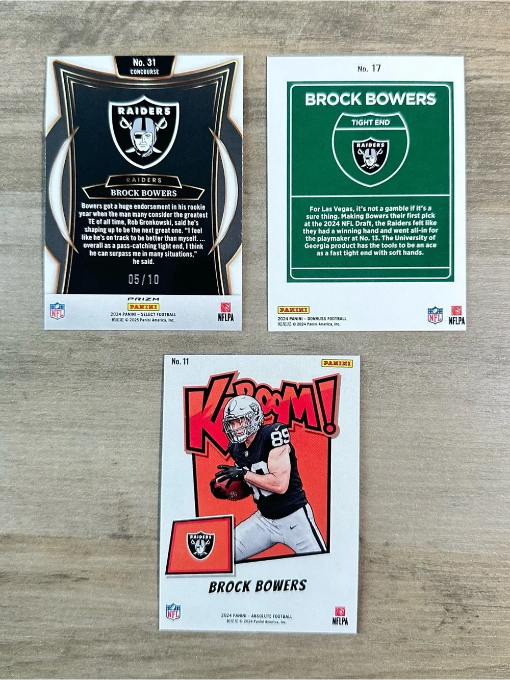 Brock Bowers Lot of (3) Panini Kaboom Downtown Select Novelty Football Cards.